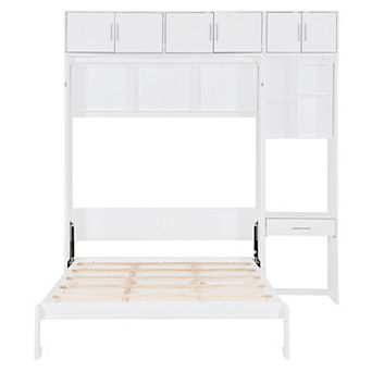 Pnronnc Storage Murphy Platform Bed Queen Size Wall Bed Space Saving Foldable Bed wDesk, Top Cabinet