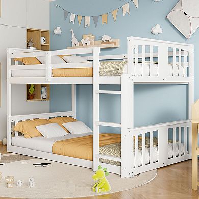 Pnronnc Wooden Bunk Bed Frame Floor Bunk Bed with Ladder