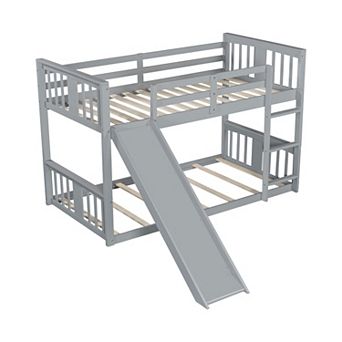 Pnronnc Wooden Bunk Bed Frame Floor Bunk Bed with Ladder