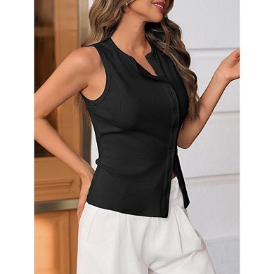 Women Button Down Knitted Vest Ribbed Button Up Open Front Knit Shirt Sleeveless Slim Fit Top