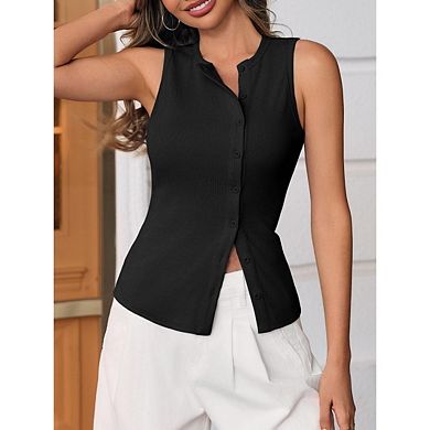 Women Button Down Knitted Vest Ribbed Button Up Open Front Knit Shirt Sleeveless Slim Fit Top