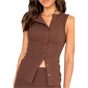 Women Button Down Knitted Vest Ribbed Button Up Open Front Knit Shirt Sleeveless Slim Fit Top