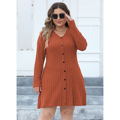 Women's Plus Size Dress Long Sleeve Button Down Casual Knit Dress