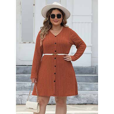 Women's Plus Size Dress Long Sleeve Button Down Casual Knit Dress