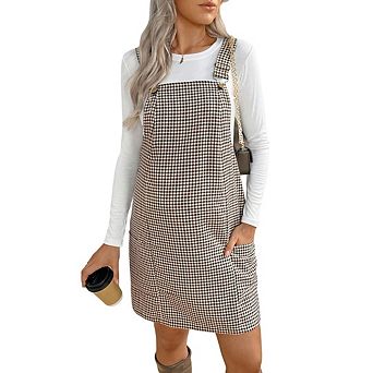 Women's Maternity Pinafore Short Dresses Houndstooth Print V Neck Overall Dress Sleeveless