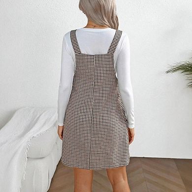 Women's Maternity Pinafore Short Dresses Houndstooth Print V Neck Overall Dress Sleeveless