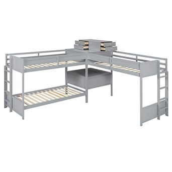 Pnronnc L-Shape Frame Bunk Bed Twin Size Kids Bed Built-in Desk, 4 Drawers, USB Ports & Power Outlet