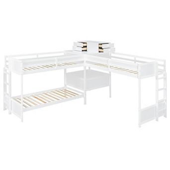 Pnronnc L-Shape Frame Bunk Bed Twin Size Kids Bed Built-in Desk, 4 Drawers, USB Ports & Power Outlet