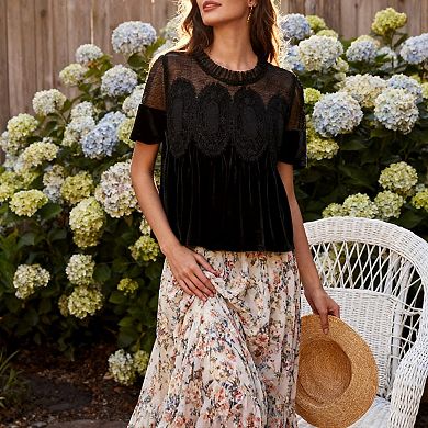 Women's Lace Embroidery Blouse Mesh Splicing Round Neck Puff Sleeve Loose Casual Top