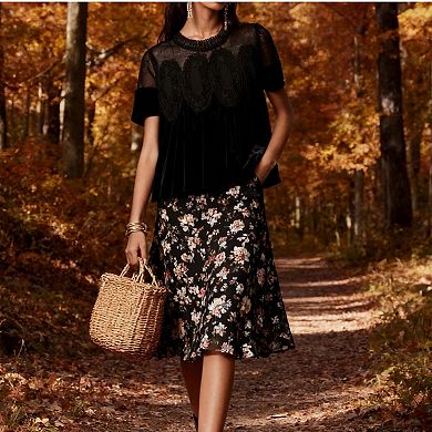 Women's Lace Embroidery Blouse Mesh Splicing Round Neck Puff Sleeve Loose Casual Top
