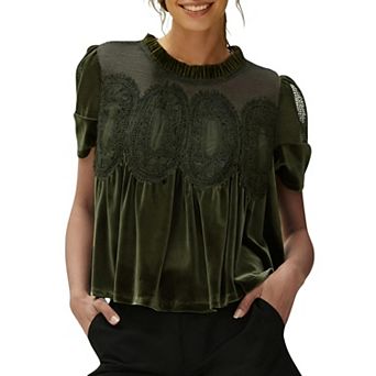Women's Lace Embroidery Blouse Mesh Splicing Round Neck Puff Sleeve Loose Casual Top