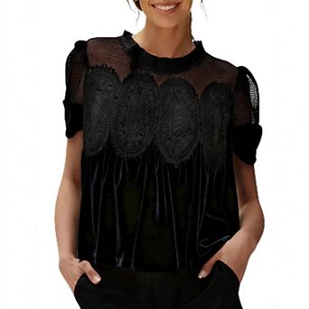 Women's Lace Embroidery Blouse Mesh Splicing Round Neck Puff Sleeve Loose Casual Top