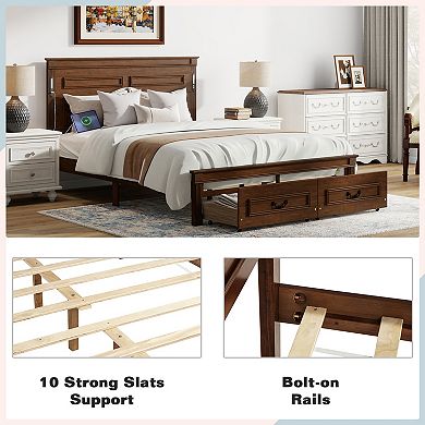 Pnronnc Storage Bed with 2 Drawers, Farmhouse Panel Bed with LED Lights and USB Charging Station