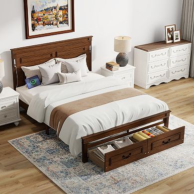 Pnronnc Storage Bed with 2 Drawers, Farmhouse Panel Bed with LED Lights and USB Charging Station