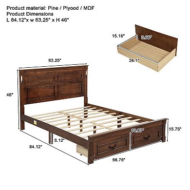 Pnronnc Storage Bed with 2 Drawers, Farmhouse Panel Bed with LED Lights and USB Charging Station