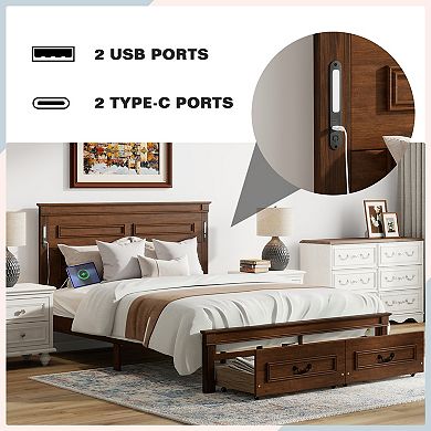 Pnronnc Storage Bed with 2 Drawers, Farmhouse Panel Bed with LED Lights and USB Charging Station