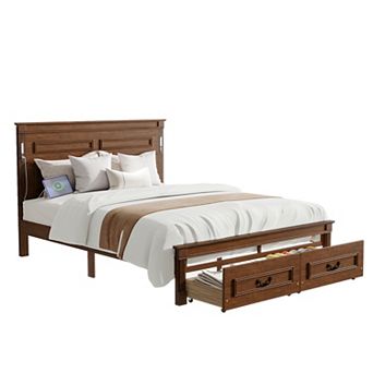 Pnronnc Storage Bed with 2 Drawers, Farmhouse Panel Bed with LED Lights and USB Charging Station