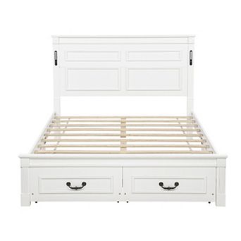 Pnronnc Storage Bed with 2 Drawers, Farmhouse Panel Bed with LED Lights and USB Charging Station