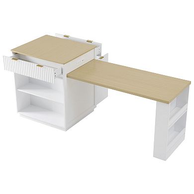 Pnronnc Kitchen Island with Pull-out Dining Table, Power Outlet, Double-Side Storage and 2 Drawers