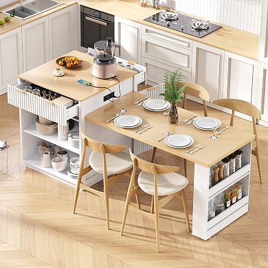 Pnronnc Kitchen Island with Pull-out Dining Table, Power Outlet, Double-Side Storage and 2 Drawers