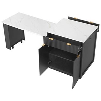 Pnronnc Kitchen Island with Pull-out Dining Table, Power Outlet, Double-Side Storage and 2 Drawers