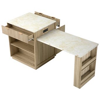Pnronnc Kitchen Island with Pull-out Dining Table, Power Outlet, Double-Side Storage and 2 Drawers