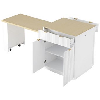 Pnronnc Kitchen Island with Pull-out Dining Table, Power Outlet, Double-Side Storage and 2 Drawers