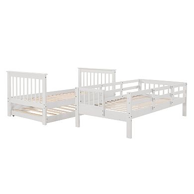 Pnronnc Modern Twin-Over-Twin Bunk Bed with Storage Stairway, Trundle Bed and Guardrail