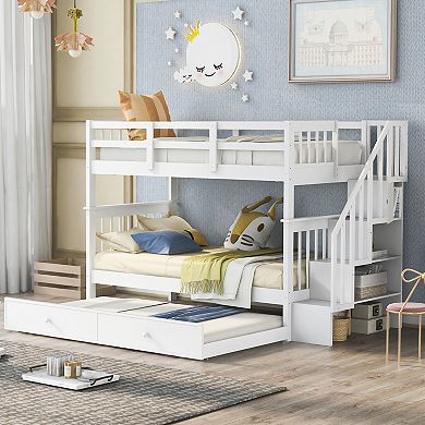 Pnronnc Modern Twin-Over-Twin Bunk Bed with Storage Stairway, Trundle Bed and Guardrail