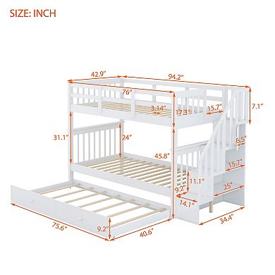 Pnronnc Modern Twin-Over-Twin Bunk Bed with Storage Stairway, Trundle Bed and Guardrail