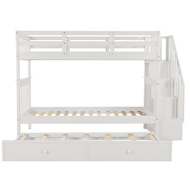 Pnronnc Modern Twin-Over-Twin Bunk Bed with Storage Stairway, Trundle Bed and Guardrail