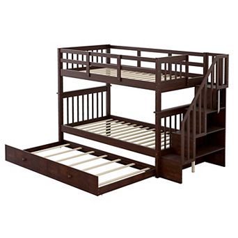 Pnronnc Modern Twin-Over-Twin Bunk Bed with Storage Stairway, Trundle Bed and Guardrail