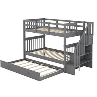 Pnronnc Modern Twin-Over-Twin Bunk Bed with Storage Stairway, Trundle Bed and Guardrail