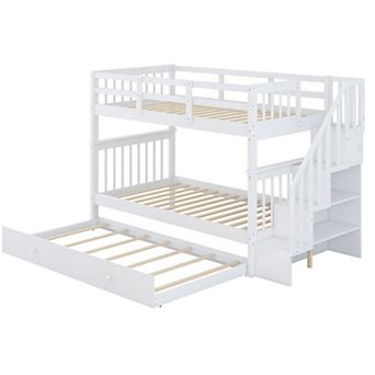 Pnronnc Modern Twin-Over-Twin Bunk Bed with Storage Stairway, Trundle Bed and Guardrail