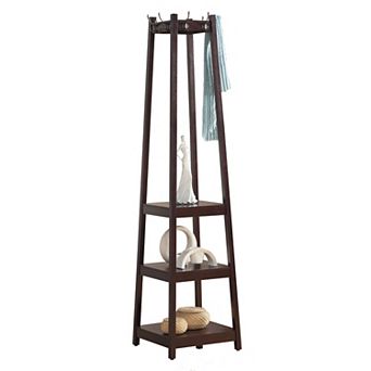 Pnronnc Free Standing Clothes Coat Hanger Wood Coat Rack with 3 tier Storage Shelves Flowerpot Stand