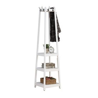 Pnronnc Free Standing Clothes Coat Hanger Wood Coat Rack with 3 tier Storage Shelves Flowerpot Stand