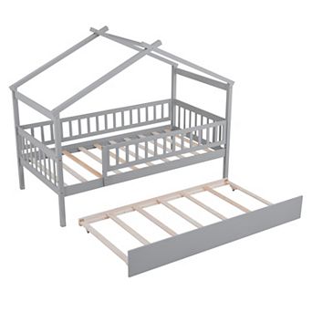 Pnronnc Wooden Frame House Bed with Pull-out Twin Size Trundle Bed and Guardrail