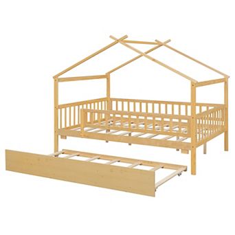 Pnronnc Wooden Frame House Bed with Pull-out Twin Size Trundle Bed and Guardrail