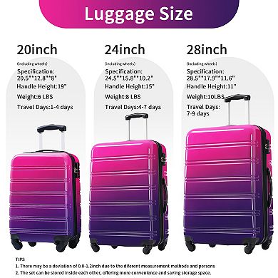 Trikiousd Hardshell Luggage Sets 3 Pcs Gradient Color Expandable Suitcase wSpinner Wheels TSA Lock