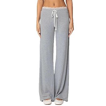 Women Lace Trim Wide Leg Sweatpants Drawstring Elastic Waist Loose Joggers