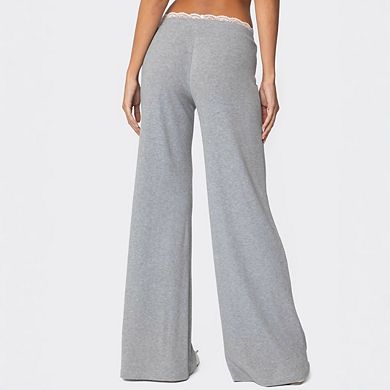Women Lace Trim Wide Leg Sweatpants Drawstring Elastic Waist Loose Joggers