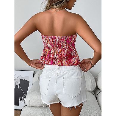 Women Smocked Strapless Bandeau Top Sleeveless Shirts