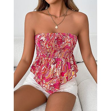 Women Smocked Strapless Bandeau Top Sleeveless Shirts