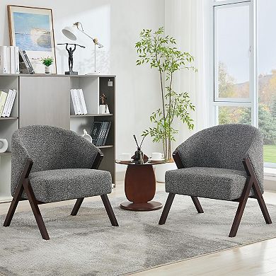 Mid Century Modern Accent Chair Wood Frame Linen Suede Upholstered Armchair