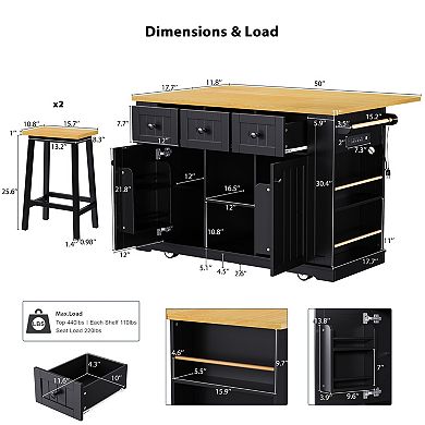 Pnronnc Kitchen Island & Cart Sets with 2 Bar Stools, Power Outlet, Drop Leaf, Side Racks and Drawer
