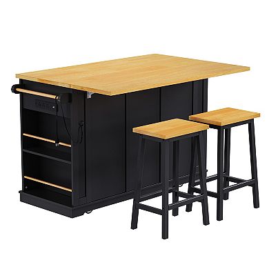 Pnronnc Kitchen Island & Cart Sets with 2 Bar Stools, Power Outlet, Drop Leaf, Side Racks and Drawer