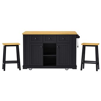 Pnronnc Kitchen Island & Cart Sets with 2 Bar Stools, Power Outlet, Drop Leaf, Side Racks and Drawer