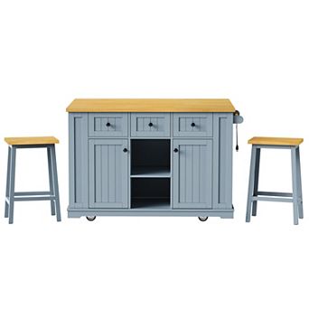 Pnronnc Kitchen Island & Cart Sets with 2 Bar Stools, Power Outlet, Drop Leaf, Side Racks and Drawer