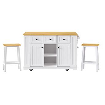 Pnronnc Kitchen Island & Cart Sets with 2 Bar Stools, Power Outlet, Drop Leaf, Side Racks and Drawer