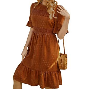 Women Summer Dresses Crew Neck Ruffle Short Sleeve Flowy Midi Beach Casual Dress